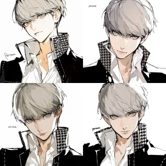 yu narukami from "persona," a cool and sharp male with naturally fair skin; close-up of the eyes, calm gaze, head slightly tilted; smooth light gray hair; gray gradient eyes; wearing a black lapel coat, the collar featuring houndstooth patchwork decoration, the coat with white topstitching, with an open white collared shirt underneath; white background, korean manhwa fanart style, sharp hard pen outlines, sketchy line art, bold sketch strokes, block-shading, minimal soft gradient, semi-realistic anime male features, elongated sharp eyes, strong brow bone, angular jawline, thin lips, cold mature expression, no childish round features, plain solid white background, emphasis on male bone structure, rough painterly sketch texture