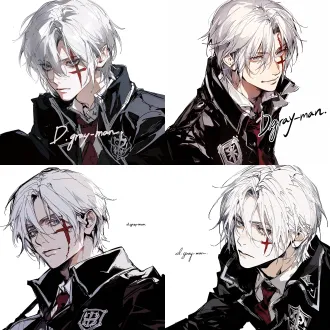 allen walker from "d.gray-man," a cool and dashing male, naturally fair-skinned; close-up of the eyes, calm gaze, head slightly turned and lowered; neat silver-white short hair, red cross-shaped scar on his cheek; deep gray, limpid eyes; wearing a black exorcist order uniform coat, white lapel lining, wine-red tie, silver emblem embroidery on the body; white background, korean manhwa fanart style, sharp hard pen outlines, sketchy line art, bold sketch strokes, block-shading, minimal soft gradient, semi-realistic anime male features, elongated sharp eyes, strong brow bone, angular jawline, thin lips, cold mature expression, no childish round features, plain solid white background, emphasis on male bone structure, rough painterly sketch texture.