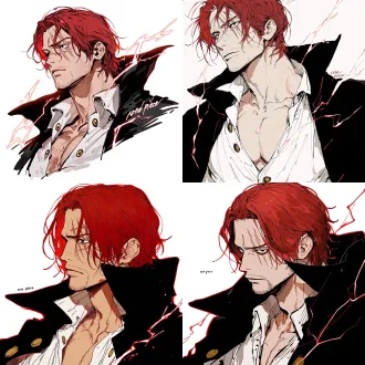 shanks from "one piece", a cool and stylish man with naturally fair skin; close-up of the eyes, calm gaze, side profile, serious; edges radiating lightning energy that is black inside with red outlines; smooth red hair; sharp black eyes, three scars over his right eye; an open white collared shirt with small gold round buttons on the body, over which is a large black collared cloak; white background, korean manhwa fanart style, sharp hard pen outlines, sketchy line art, bold sketch strokes, block-shading, minimal soft gradient, semi-realistic anime male features, elongated sharp eyes, strong brow bone, angular jawline, thin lips, cold mature expression, no childish round features, plain solid white background, emphasis on male bone structure, rough painterly sketch texture.