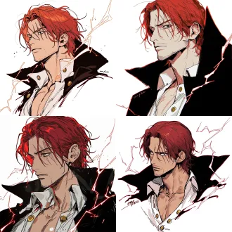 shanks from "one piece", a cool and stylish man with naturally fair skin; close-up of the eyes, calm gaze, side profile, serious; edges radiating lightning energy that is black inside with red outlines; smooth red hair; sharp black eyes, three scars over his right eye; an open white collared shirt with small gold round buttons on the body, over which is a large black collared cloak; white background, korean manhwa fanart style, sharp hard pen outlines, sketchy line art, bold sketch strokes, block-shading, minimal soft gradient, semi-realistic anime male features, elongated sharp eyes, strong brow bone, angular jawline, thin lips, cold mature expression, no childish round features, plain solid white background, emphasis on male bone structure, rough painterly sketch texture.