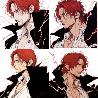 shanks from "one piece", a cool and stylish man with naturally fair skin; close-up of the eyes, calm gaze, side profile, serious; edges radiating lightning energy that is black inside with red outlines; smooth red hair; sharp black eyes, three scars over his right eye; an open white collared shirt with small gold round buttons on the body, over which is a large black collared cloak; white background, korean manhwa fanart style, sharp hard pen outlines, sketchy line art, bold sketch strokes, block-shading, minimal soft gradient, semi-realistic anime male features, elongated sharp eyes, strong brow bone, angular jawline, thin lips, cold mature expression, no childish round features, plain solid white background, emphasis on male bone structure, rough painterly sketch texture.