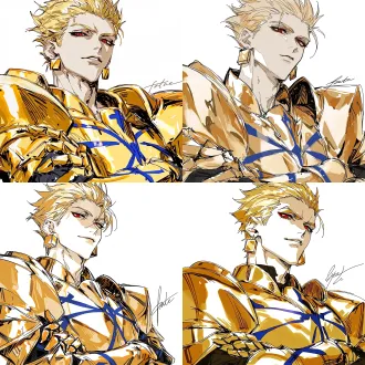 gilgamesh from "fate", a cool and dashing male with naturally fair skin; close-up of his eyes, calm and serious gaze, head slightly tilted; golden swept-back hair; sharp red eyes with vertical slit pupils, wearing square gold earrings; wearing glossy golden armor decorated with blue crossed-pattern lines, heavy golden shoulder armor; arms crossed over his chest, golden armored gloves; white background, korean manhwa fanart style, sharp hard pen outlines, sketchy line art, bold sketch strokes, block-shading, minimal soft gradient, semi-realistic anime male features, elongated sharp eyes, strong brow bone, angular jawline, thin lips, cold arrogant expression, no childish round features, plain solid white background, emphasis on male bone structure, rough painterly sketch texture.