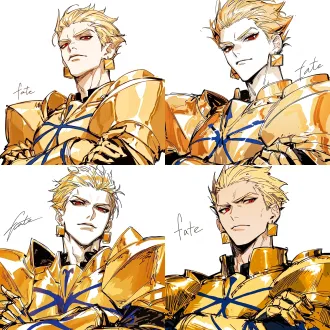 gilgamesh from "fate", a cool and dashing male with naturally fair skin; close-up of his eyes, calm and serious gaze, head slightly tilted; golden swept-back hair; sharp red eyes with vertical slit pupils, wearing square gold earrings; wearing glossy golden armor decorated with blue crossed-pattern lines, heavy golden shoulder armor; arms crossed over his chest, golden armored gloves; white background, korean manhwa fanart style, sharp hard pen outlines, sketchy line art, bold sketch strokes, block-shading, minimal soft gradient, semi-realistic anime male features, elongated sharp eyes, strong brow bone, angular jawline, thin lips, cold arrogant expression, no childish round features, plain solid white background, emphasis on male bone structure, rough painterly sketch texture.
