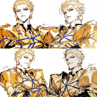 gilgamesh from "fate", a cool and dashing male with naturally fair skin; close-up of his eyes, calm and serious gaze, head slightly tilted; golden swept-back hair; sharp red eyes with vertical slit pupils, wearing square gold earrings; wearing glossy golden armor decorated with blue crossed-pattern lines, heavy golden shoulder armor; arms crossed over his chest, golden armored gloves; white background, korean manhwa fanart style, sharp hard pen outlines, sketchy line art, bold sketch strokes, block-shading, minimal soft gradient, semi-realistic anime male features, elongated sharp eyes, strong brow bone, angular jawline, thin lips, cold arrogant expression, no childish round features, plain solid white background, emphasis on male bone structure, rough painterly sketch texture.