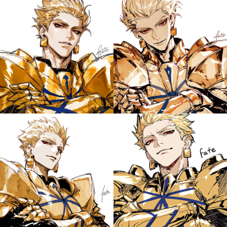 gilgamesh from "fate", a cool and dashing male with naturally fair skin; close-up of his eyes, calm and serious gaze, head slightly tilted; golden swept-back hair; sharp red eyes with vertical slit pupils, wearing square gold earrings; wearing glossy golden armor decorated with blue crossed-pattern lines, heavy golden shoulder armor; arms crossed over his chest, golden armored gloves; white background, korean manhwa fanart style, sharp hard pen outlines, sketchy line art, bold sketch strokes, block-shading, minimal soft gradient, semi-realistic anime male features, elongated sharp eyes, strong brow bone, angular jawline, thin lips, cold arrogant expression, no childish round features, plain solid white background, emphasis on male bone structure, rough painterly sketch texture.