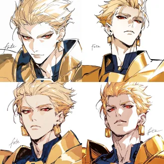 gilgamesh from "fate", a cool and dashing male with naturally fair skin; close-up of his eyes, calm and serious gaze, staring at the camera; golden swept-back hair; sharp red eyes with vertical slit pupils, wearing square gold earrings; golden shoulder armor, over a dark blue standing-collar form-fitting suit; white background, korean manhwa fanart style, sharp hard pen outlines, sketchy line art, bold sketch strokes, block-shading, minimal soft gradient, semi-realistic anime male features, elongated sharp eyes, strong brow bone, angular jawline, thin lips, cold arrogant expression, no childish round features, plain solid white background, emphasis on male bone structure, rough painterly sketch texture.