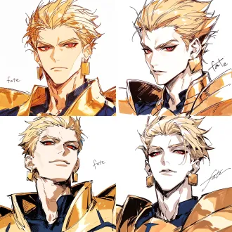 gilgamesh from "fate", a cool and dashing male with naturally fair skin; close-up of his eyes, calm and serious gaze, staring at the camera; golden swept-back hair; sharp red eyes with vertical slit pupils, wearing square gold earrings; golden shoulder armor, over a dark blue standing-collar form-fitting suit; white background, korean manhwa fanart style, sharp hard pen outlines, sketchy line art, bold sketch strokes, block-shading, minimal soft gradient, semi-realistic anime male features, elongated sharp eyes, strong brow bone, angular jawline, thin lips, cold arrogant expression, no childish round features, plain solid white background, emphasis on male bone structure, rough painterly sketch texture.