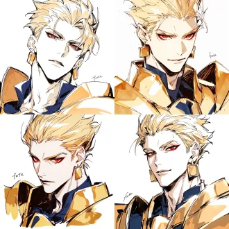 gilgamesh from "fate", a cool and dashing male with naturally fair skin; close-up of his eyes, calm and serious gaze, staring at the camera; golden swept-back hair; sharp red eyes with vertical slit pupils, wearing square gold earrings; golden shoulder armor, over a dark blue standing-collar form-fitting suit; white background, korean manhwa fanart style, sharp hard pen outlines, sketchy line art, bold sketch strokes, block-shading, minimal soft gradient, semi-realistic anime male features, elongated sharp eyes, strong brow bone, angular jawline, thin lips, cold arrogant expression, no childish round features, plain solid white background, emphasis on male bone structure, rough painterly sketch texture.
