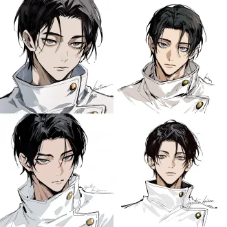 yuta okkotsu from "jujutsu kaisen", a cool and dashing male with naturally fair skin; close-up of the eyes, calm gaze, eyes glancing sideways to the right; soft and sleek black hair in a 3/7 side part, sharp dark gray eyes; white high-collar uniform, wide stand-up collar, gold round metal buttons; white background, korean manhwa fanart style, sharp hard pen outlines, sketchy line art, bold sketch strokes, block-shading, minimal soft gradient, semi-realistic anime male features, elongated sharp eyes, strong brow bone, angular jawline, thin lips, cold mature expression, no childish chibi features, plain solid white background, rough painterly sketch texture
