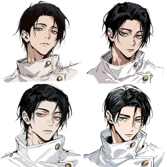 yuta okkotsu from "jujutsu kaisen", a cool and dashing male with naturally fair skin; close-up of the eyes, calm gaze, eyes glancing sideways to the right; soft and sleek black hair in a 3/7 side part, sharp dark gray eyes; white high-collar uniform, wide stand-up collar, gold round metal buttons; white background, korean manhwa fanart style, sharp hard pen outlines, sketchy line art, bold sketch strokes, block-shading, minimal soft gradient, semi-realistic anime male features, elongated sharp eyes, strong brow bone, angular jawline, thin lips, cold mature expression, no childish chibi features, plain solid white background, rough painterly sketch texture