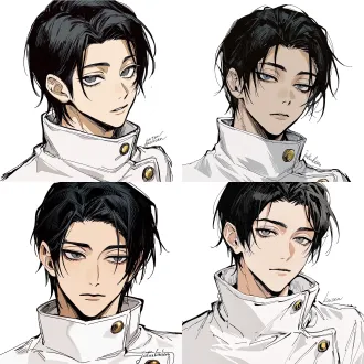yuta okkotsu from "jujutsu kaisen", a cool and dashing male with naturally fair skin; close-up of the eyes, calm gaze, eyes glancing sideways to the right; soft and sleek black hair in a 3/7 side part, sharp dark gray eyes; white high-collar uniform, wide stand-up collar, gold round metal buttons; white background, korean manhwa fanart style, sharp hard pen outlines, sketchy line art, bold sketch strokes, block-shading, minimal soft gradient, semi-realistic anime male features, elongated sharp eyes, strong brow bone, angular jawline, thin lips, cold mature expression, no childish chibi features, plain solid white background, rough painterly sketch texture