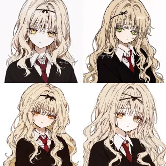 rima mashiro from "shugo chara", a cool and stylish woman with naturally fair skin; close-up, with a calm gaze; soft light blonde long wavy hair, a thin black headband with a small black bow; golden-brown eyes; a black knit sweater over a white collared shirt, with a red tie tied at the collar; white background, korean manhwa fanart style, crisp clean ink outlines, precise consistent line weight, smooth linework, no messy sketch lines, block-shading, minimal soft gradient, semi-realistic anime female features, elongated sharp eyes, strong brow bone, angular jawline, thin lips, cold mature expression, no childish round features, plain solid white background, emphasis on female bone structure, subtle paper grain texture, clean and polished artwork.