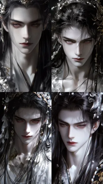 真人写实风格，极繁主义风格，古风，美男，动态光影，俊美，冷峻，强对比度，纯欲风，氛围感，极致细节，冷白皮，面部特写，面部聚焦，面容精致，皮肤细腻，轮廓分明，丹凤眼，细致描绘，中景，半身像，正视图， 黑灰色及腰长发男子发丝根根分明，面容细腻渲染，发丝细腻渲染，近距离，皮肤细腻渲染。五官立体，男子面容俊美，身着素色精致刺绣丝绸 + 珠光等材质服饰，银金色金属头冠，极繁主义，超多配饰，背景虚化