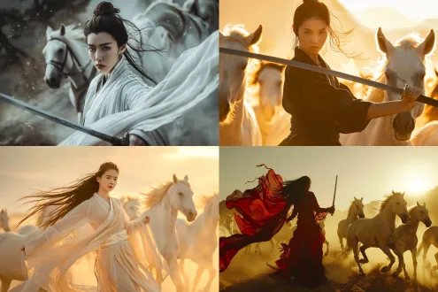 a stunning ancient chinese warrior woman in flowing hanfu robes, holding an elegant jian sword, captured in a graceful over-the-shoulder glance, her expression both fierce and ethereal. a herd of majestic white horses running beside her, their manes flowing in the wind. shot with cinematic wuxia aesthetics, golden hour backlighting creates a luminous rim light around her silhouette, warm amber and honey tones (#f59e0b, #d97706) blending with cool steel blue shadows (#475569, #64748b). composition: low-angle medium shot, shallow depth of field with f/2.8, subject in sharp focus while horses blur into motion, rule of thirds placement. misty mountain landscape background fading into soft bokeh. film grain texture, desaturated earth tones with selective color pop on red hanfu details, ethereal atmosphere with floating fabric and dust particles catching light. anamorphic lens flare, 2.39:1 aspect ratio framing, inspired by zhang yimou and wong kar-wai cinematography