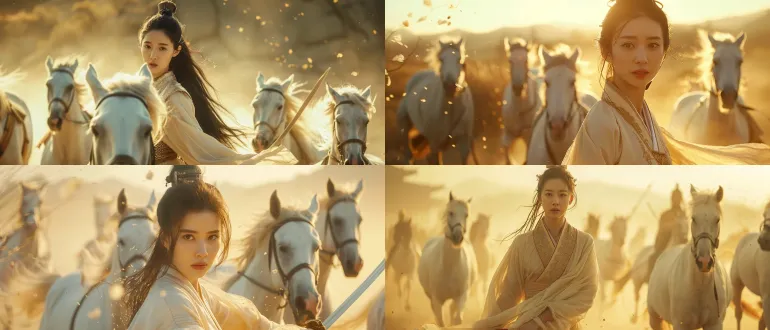 a breathtaking ancient chinese swordswoman in elegant flowing silk hanfu, holding a slender jian sword with refined grace, captured in a poetic over-the-shoulder glance with delicate features and serene beauty. a group of pristine white horses galloping beside her in perfect harmony, their manes like flowing silk. cinematic wuxia poetry aesthetic, golden hour soft light wrapping around her like a veil, creating an ethereal glow. warm peachy gold tones (#fbbf24, #fcd34d) merging with cool misty jade shadows (#94a3b8, #cbd5e1). composition: graceful medium close-up shot, 85mm lens equivalent, f/1.8 shallow depth of field with dreamy bokeh, subject positioned in golden ratio. her movement frozen in elegant motion, fabric rippling like water. misty mountains dissolving into atmospheric haze, willow branches and petals floating in the breeze. soft diffused lighting, gentle film grain, desaturated palette with emphasis on natural beauty and poetic mood. inspired by classical chinese painting aesthetics and zhang yimou's hero color philosophy