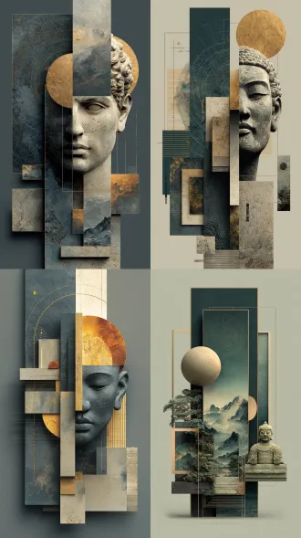 3d digital ink wash masterpiece, vertical composition, divided by abstract geometric frames and color blocks, on the left side abstract cosmic charts of taijitu and nebulas, a fusion of a sanxingdui mask and liangzhu cong jade below the center, creating a visual diagonal balance, in the upper right corner is the sculpted head of a stoic terracotta army general, zen studies, landscape painting, figurative and abstract combined, traditional and modern decorative art mixed, expressionism and digital art merging, gradient colors, various dark abstract color blocks, lines and geometric structure in negative space background, meticulously arranged art exhibition, gallery atmosphere, oil painting texture, 3d digital rendering, partial highlights, strong light and shadow contrast, a strong foreground, contrast of cool and warm tones, low saturation, top light source, high detail, ultra-clear focus, 8k, photo quality, surrealism.