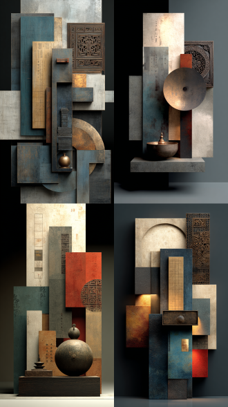 3d digital ink wash masterpiece, vertical composition, the image is divided by abstract geometric frameworks and color blocks, on the left side a zen chart of ancient chinese i-ching trigrams, a weathered bronze ding slightly placed below the center, creating a visual diagonal balance, in the upper right corner is a subtle, intricate taotie pattern from old dark wood, zen studies, landscape painting, a combination of figurative and abstract, a mix of traditional painting and modern decorative art, expressionism and digital art merging, gradient colors, various dark abstract color blocks, lines and geometric structure in negative space background, meticulously arranged art exhibition, gallery atmosphere, oil painting texture, 3d digital rendering, partial highlights, strong light and shadow contrast, emphasis on the foreground, contrast of cool and warm tones, low saturation, top light source, high detail, ultra-clear focus, 8k, photo quality, surrealism.