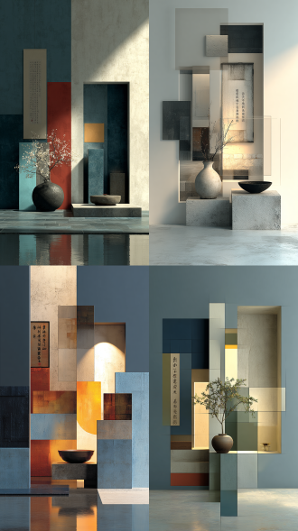 3d digital ink wash masterpiece, vertical composition, the image is divided by abstract geometric frameworks and color blocks, on the left side a quiet scroll of zen i-ching calligraphy, a minimalist ceramic ding slightly placed below the center, creating a visual diagonal balance, in the upper right corner is a serene plaster wall with a faint taotie carving, zen studies, landscape painting, a combination of figurative and abstract, a mix of traditional painting and modern decorative art, expressionism and digital art merging, gradient colors, various dark abstract color blocks, lines and geometric structure in negative space background, meticulously arranged art exhibition, gallery atmosphere, oil painting texture, 3d digital rendering, partial highlights, strong light and shadow contrast, emphasis on the foreground, contrast of cool and warm tones, low saturation, top light source, high detail, ultra-clear focus, 8k, photo quality, surrealism.