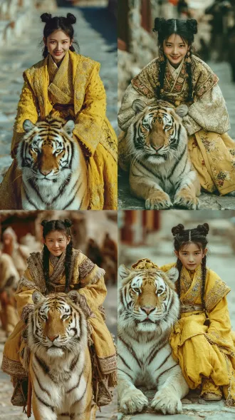 portrait photography, a masterpiece of a master. a chubby asian girl dressed in ancient coarse linen clothes is riding a big tiger with yellow and black stripes on the stone-paved road of the ancient city, looking very imposing. the girl has two black buns and is smiling. the high-precision texture of the clothes and the realistic skin touch. the background has a blurred depth of field, low saturation, a peaceful atmosphere, and a minimalist style long view, shot with a telephoto lens, cinematic texture