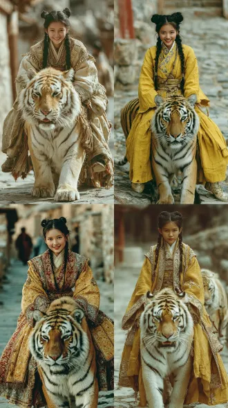 portrait photography, a masterpiece of a master. a chubby asian girl dressed in ancient coarse linen clothes is riding a big tiger with yellow and black stripes on the stone-paved road of the ancient city, looking very imposing. the girl has two black buns and is smiling. the high-precision texture of the clothes and the realistic skin touch. the background has a blurred depth of field, low saturation, a peaceful atmosphere, and a minimalist style long view, shot with a telephoto lens, cinematic texture