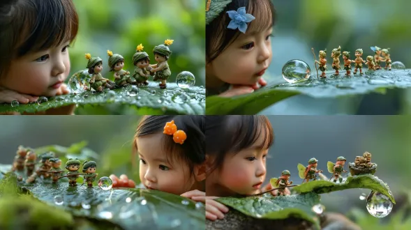 a cute chinese little girl, with two-thirds of the main body, saw a group of hardworking mini figures dressed in leaf clothes (like thumbelina) performing some kind of ritual beside a huge, crystal-clear dewdrop. macro photography style, rich in details, full of fairy tale charm, in the style of hayao miyazaki's animations. https://cdn-upload.qihuiai.com/images/image/20250925/19551292/69596157.jpg?image_process=resize,s_194