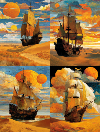 a majestic galleon with sails made of captured clouds, sailing across a sea of golden sand dunes under a sky with two suns