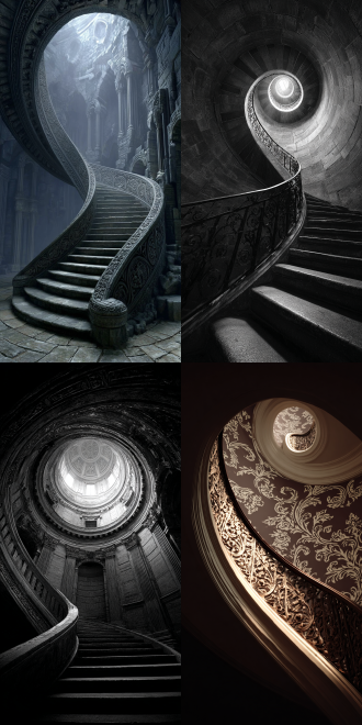 a single, intricately patterned spiral staircase ascending into an ethereal, glowing void. low angle shot, sharp focus, dramatic chiaroscuro lighting. bilingual prompt: a single, intricately patterned spiral staircase ascending into an ethereal, glowing void. low angle shot, sharp focus, dramatic chiaroscuro lighting.
