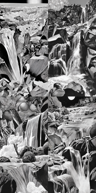 a powerful waterfall cascading over rugged rocks, raw natural power, misty spray, long exposure, high dynamic range.