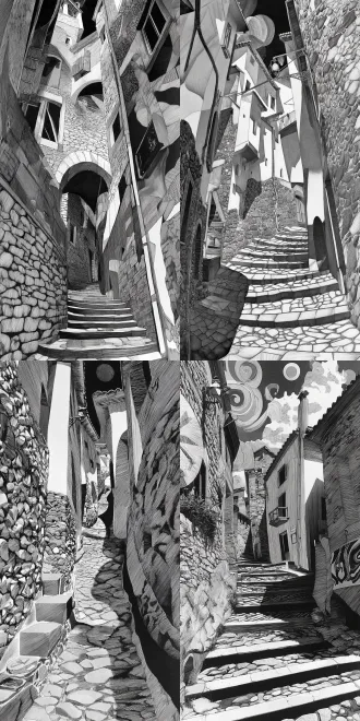 a winding cobblestone alleyway in an old european town, narrow perspective, textured stone walls, subtle light and shadow play.