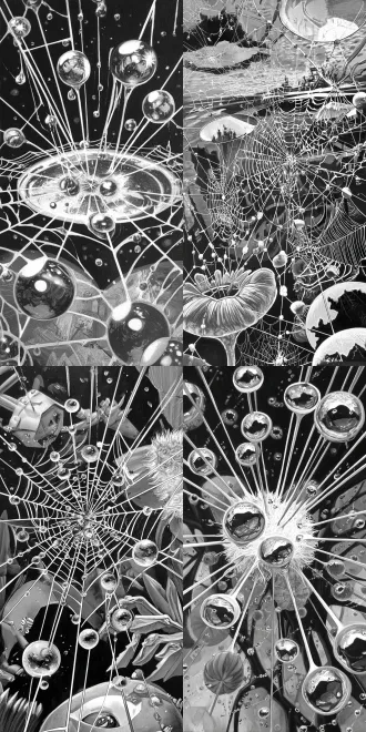 a macro shot of a spider's web adorned with dewdrops, delicate threads, blurred background, exquisite detail, natural light.