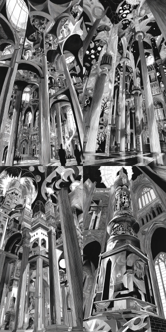 an intricate, gothic cathedral interior, towering columns, detailed stained glass (monochrome effect), ethereal light, vast scale.