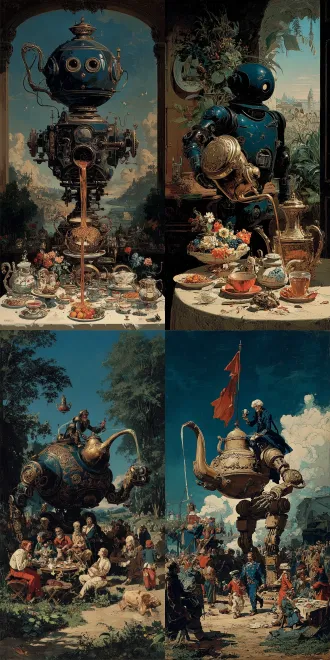 a crazy retro robot tea party, in the style of brian despain and matt groening, focal point on a teapot pouring oil, absurd and humorous