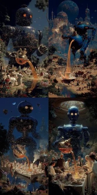 a crazy retro robot tea party, in the style of brian despain and matt groening, focal point on a teapot pouring oil, absurd and humorous