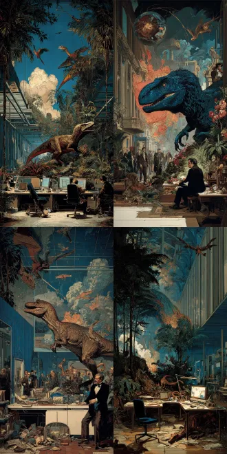 velociraptors causing mayhem in an office designed by verner panton, a chaotic scene of prehistoric life meets 60s futurism, dynamic diagonal composition, 4k, high detail ，