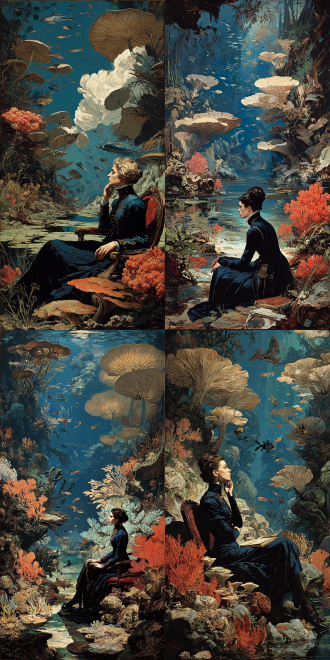 a pale girl in a victorian dress, sitting on a sinking velvet armchair in the middle of a vibrant, deep-sea coral reef, giant bioluminescent mushrooms and silent fish, surrealist oil painting style, deep prussian blue and vibrant coral color palette, dramatic cinematic lighting, mysterious and poetic, 8k uhd
