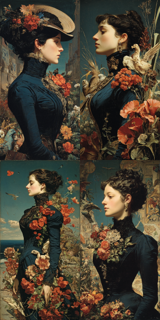 a portrait of a mysterious victorian lady, elegantly intertwined with creatures from a medieval bestiary, her garments blooming with luminous red flowers, surrealist oil painting style, deep prussian blue and vibrant coral color palette, dramatic cinematic lighting, classic composition, ultra-detailed, 8k uhd