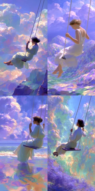 parrish's girl swinging on the swing, in a romantic form, turner renders a magnificent and hazy sea of volumetric light clouds. 4k, high saturation.