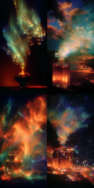 perfume bottle that when opened releases visible emotions as colored mist, gossamer phantasmagoria texture, hyperdetailed, octane render, by james jean,by mitsumasa anno, by alastair magnaldo