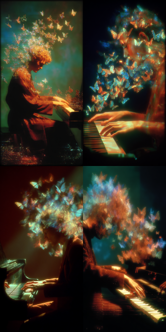 pianist whose fingers leave trails of visible music notes that crystallize into butterflies, crown shyness effect, hyperdetailed, octane render, by jerry n. uelsmann,by victor moscoso, gossamer phantasmagoria
