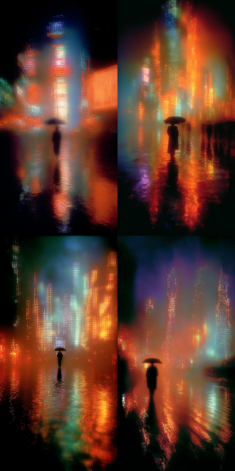 a solitary figure with an umbrella stands in the middle of a rain-soaked, futuristic city street, surrounded by towering, bizarre architecture and neon signs in an unknown language, a feeling of deep alienation and the melancholy of an outsider (depaysement), reflections on the wet ground，by shusei nagaoka, cassette futurism