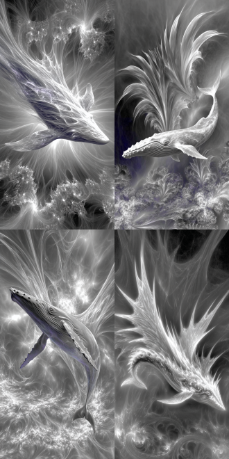 luminous nebula whale soaring over a cosmic coral reef, body made of a million light filaments, extreme detail, monochrome.