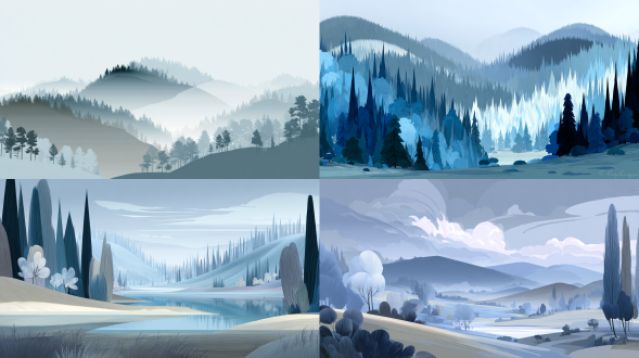 a vast landscape of a minimalist forest, presented in **flat 2d perspective**. the scene is built from **distinct layers of simple, silhouetted shapes** representing hills and distant tree lines. **high contrast** between the layers. the color palette is strictly **monochromatic blue-gray**. the style is clean and graphic, like a vintage animation background.