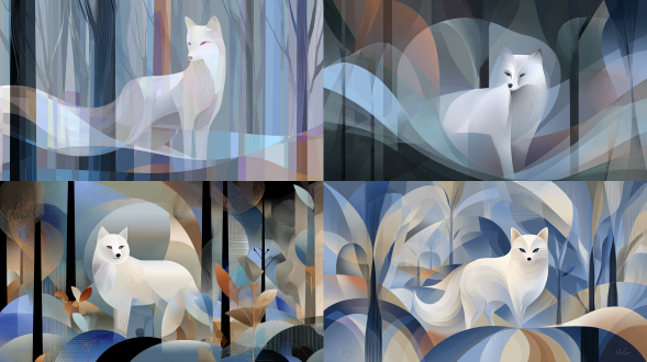 a highly stylized white fox in the style of **flat 2d graphic design**. the fox's body is composed of **simple, smooth, curved shapes** with clean outlines, almost like a logo. it stands in a forest made of **flat, overlapping color planes** representing hills, and simple, dark vertical rectangles for tree trunks. **no complex textures or gradients**. the color palette is strictly low-saturation blues, grays, and muted earth tones.