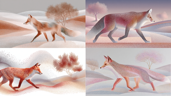 a minimalist landscape in a **low-saturation color stippling style**. a stylized **red fox, captured in mid-stride, walking forward**, moves across a **vast, mostly flat plain with gentle slopes**. its body is formed by varying densities of warm-toned dots (muted reds, oranges). the background is simple and open, featuring the single stylized tree. the entire image is **clean and clear, with no mist or dust**.