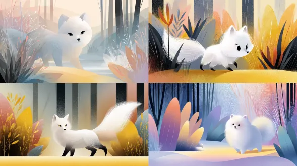 a minimalist vector illustration style featuring soft, grainy textures, rounded forms, and silky low-saturation gradients. a plump, adorable white fox walking in a side-view shot, eye-level perspective, medium shot, focusing on the subject and its immediate surroundings. a low-saturation color palette features the plump, adorable white fox as the main subject, creating a soft warm-cool contrast against the warm yellow ground. the background consists of a simplified forest formed by dark vertical lines, with a blurred, rainbow-hued gradient sky in the distance. the subject occupies the frame's center in a dynamic composition, with sharp geometric plants accenting the foreground.