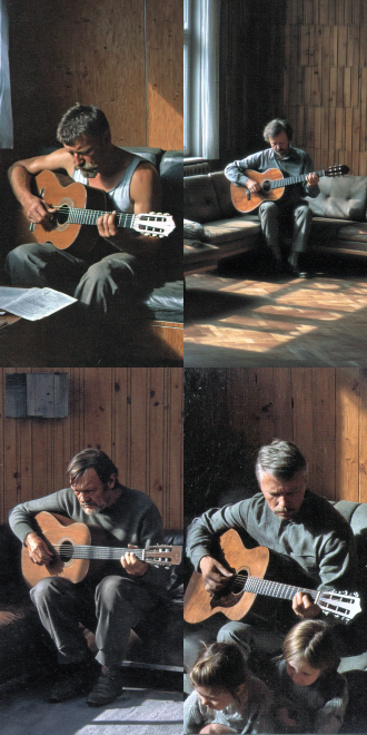 a 40-year-old man sits on a leather sofa playing an acoustic guitar. his dark stubble and wrinkles at the corners of his eyes are sharply defined. warm natural light streams in from the window on the left. ultra-high-definition 8k resolution reveals the wood grain of the guitar and the calluses on his fingers. the backdrop features warm-toned wooden walls. a shallow depth of field highlights the subject, creating a realistic cinematic style. the scene radiates an atmosphere of mature focus.