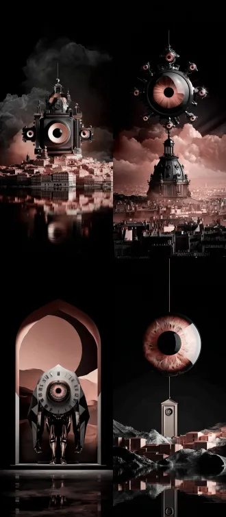 a stunning artwork that blends tim burton's dark fairy tale style with rene magritte's surreal style. subject is a colossal mechanical eyeball creature, suspended atop a gothic clock tower, overlooking a city bathed in rose-gold light + wide-angle lens, low-angle shot, symmetrical composition, dramatic shadows, night sky background, rené magritte surrealism + tim burton dark aesthetic,award-winning,uhd,