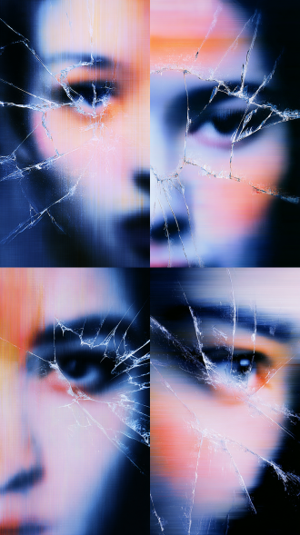 abstract composition, a shattered mirror, each fragment reflecting the same eye or half face, fragmented self, misaligned vision, psychological horror aesthetics, sharp edges