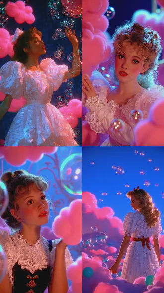 dreamy candy-colored surreal fairy tale style, a girl in lace dress gently touches glowing pink-blue bubbles, eye-level view, medium shot, sky with candy clouds, symmetrical composition, cozy curious mood, 8k