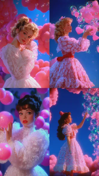 dreamy candy-colored surreal fairy tale style, a girl in lace dress gently touches glowing pink-blue bubbles, eye-level view, medium shot, sky with candy clouds, symmetrical composition, cozy curious mood, 8k